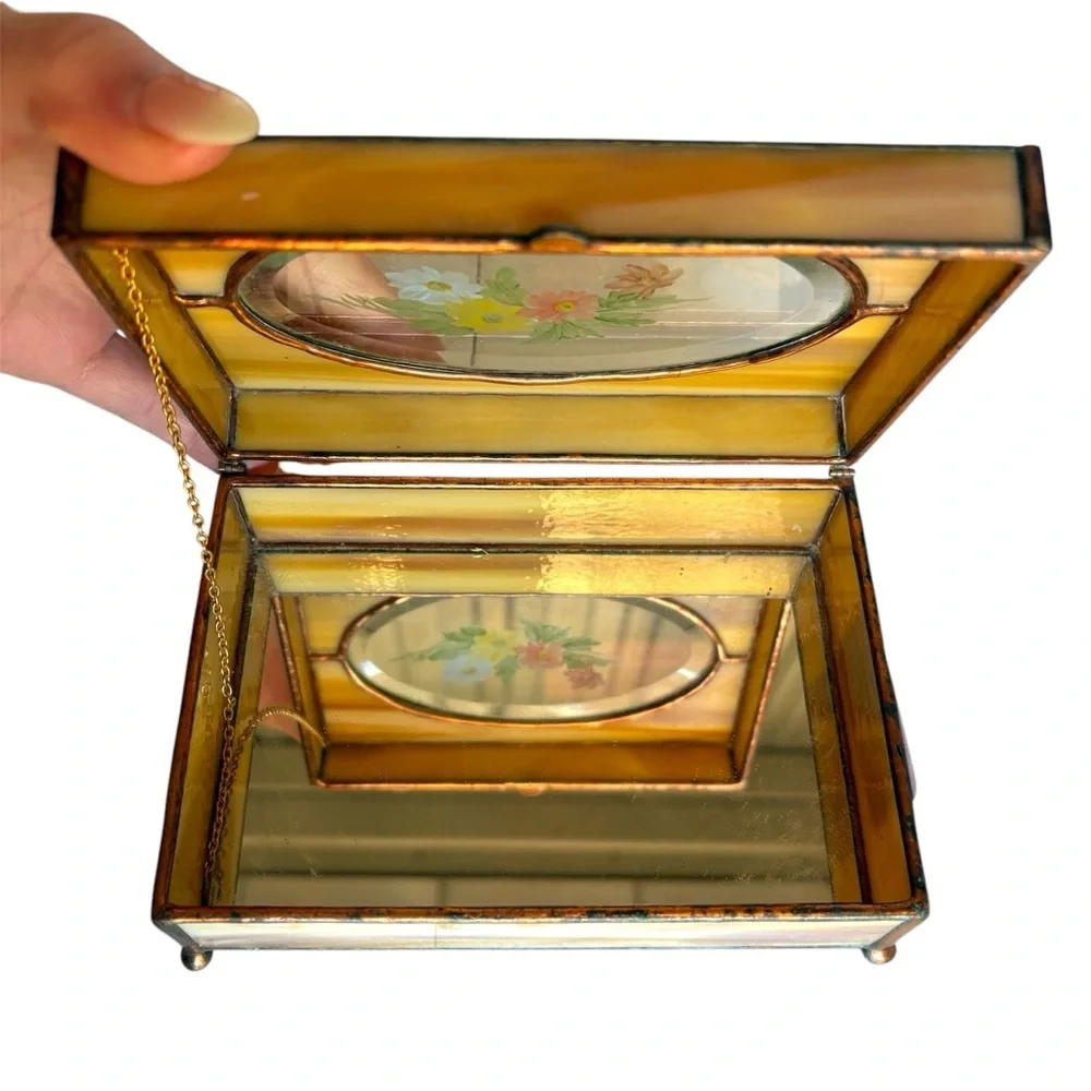 Vintage Stained Glass Jewelry Box with Mirror and Hand Painted Flowers